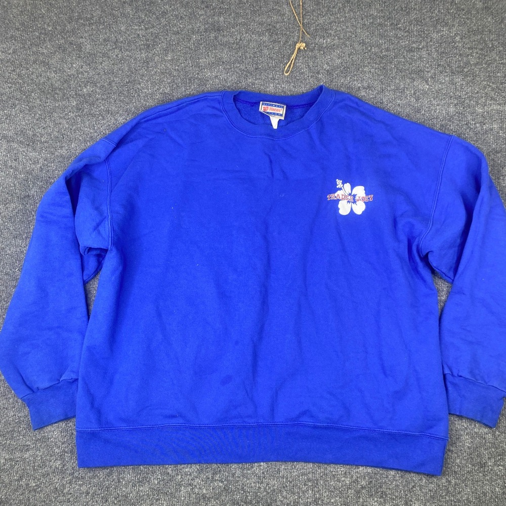 Vintage Hanes Trader Joes Sweatshirt Mens XL Blue Hibiscus Logo Crewneck